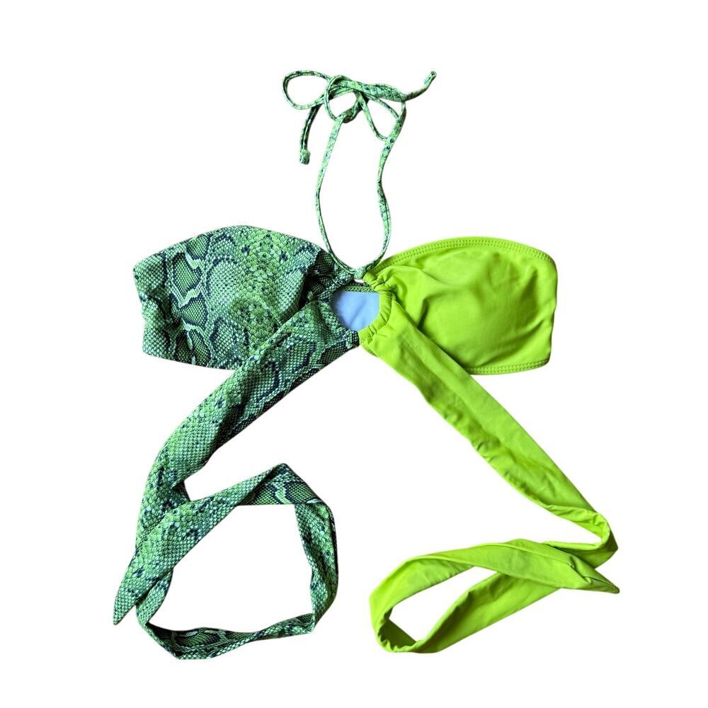 Neon Lime Green Snakeskin Print Two Tone Halter Tie Bikini Top Sz M Beachy Vacay